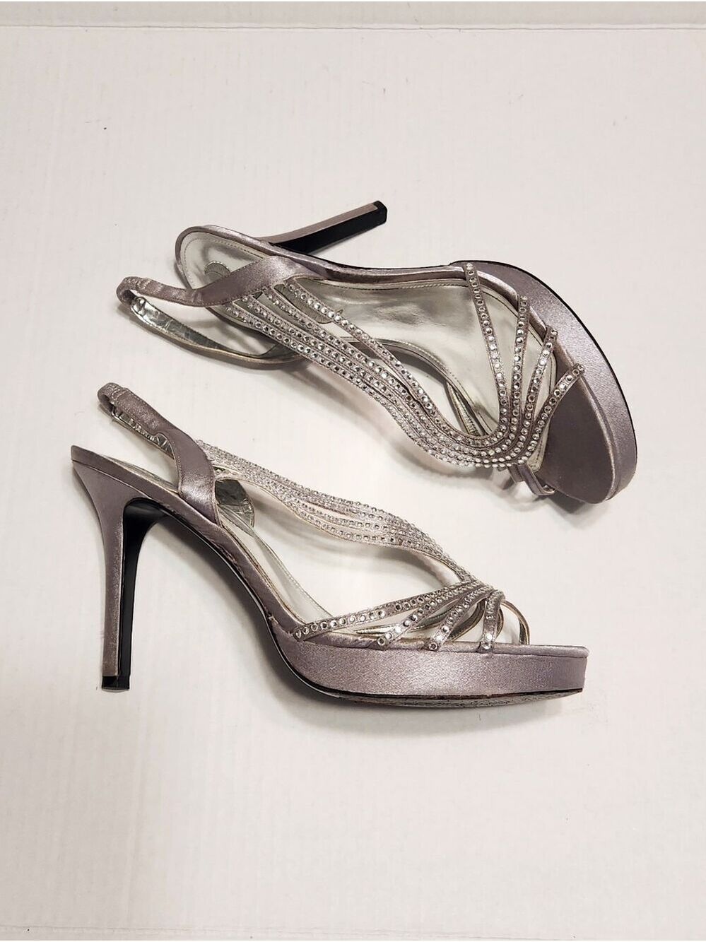 Nina Satin Rhinestone Strappy Sling Back Stiletto Dressy Party Sandals Silver 10 - Picture 2 of 11